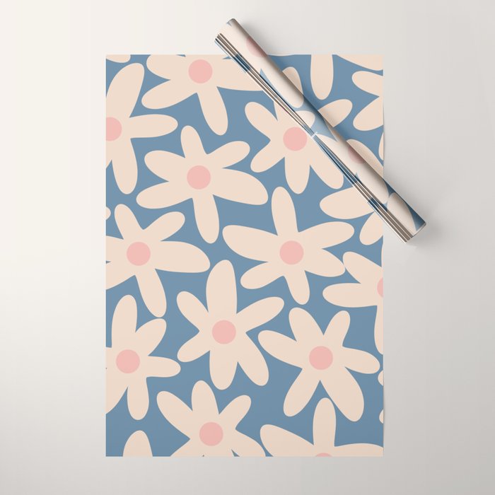 Daisy Time Retro Floral Pattern in Medium Blue and Pale Blush Wrapping Paper Gallery Image 1