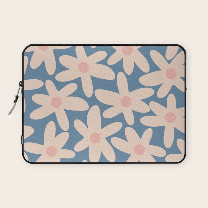 Daisy Time Retro Floral Pattern in Medium Blue and Pale Blush Laptop Sleeve Gallery Image 1