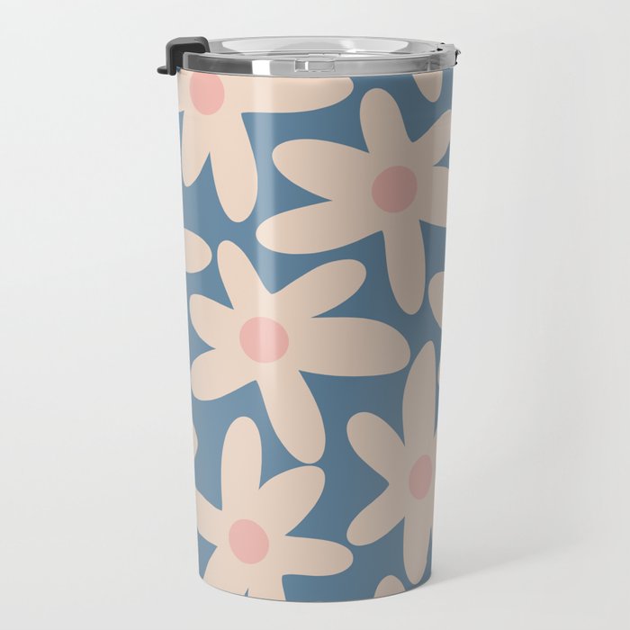 Daisy Time Retro Floral Pattern in Medium Blue and Pale Blush Travel Mug Gallery Image 3