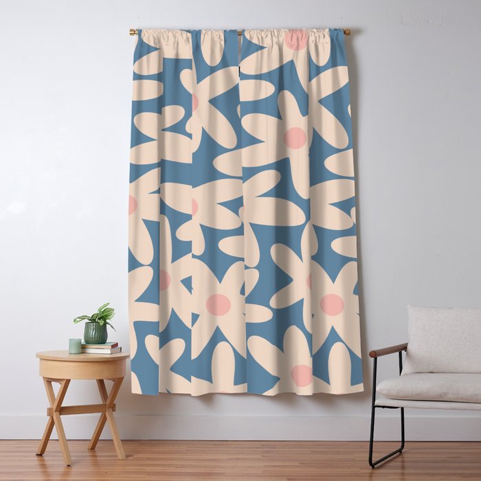 Daisy Time Retro Floral Pattern in Medium Blue and Pale Blush Window Curtain Gallery Image 5
