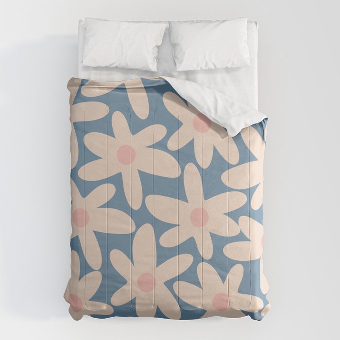 Daisy Time Retro Floral Pattern in Medium Blue and Pale Blush Comforter Gallery Image 6