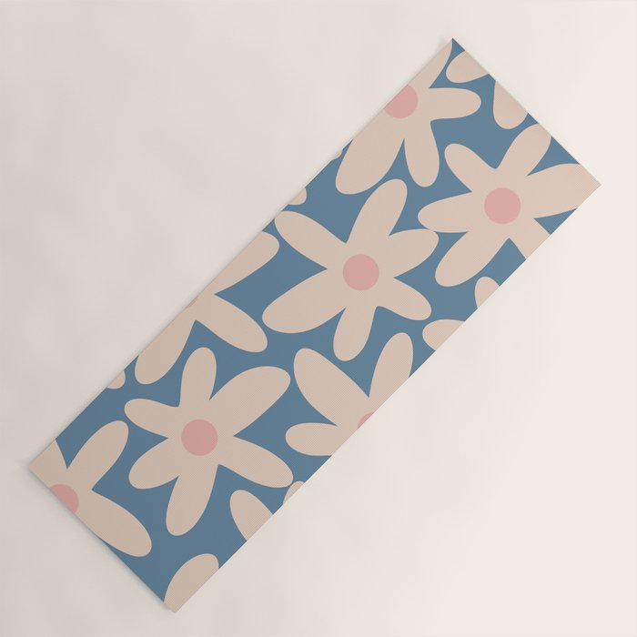 Daisy Time Retro Floral Pattern in Medium Blue and Pale Blush Yoga Mat Gallery Image 1
