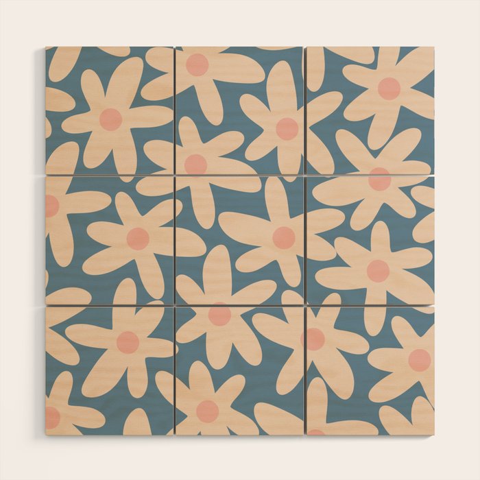 Daisy Time Retro Floral Pattern in Medium Blue and Pale Blush Wood Wall Art Gallery Image 1