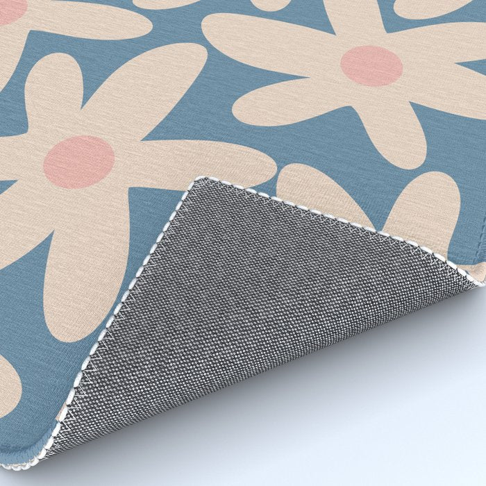 Daisy Time Retro Floral Pattern in Medium Blue and Pale Blush Rug Gallery Image 4