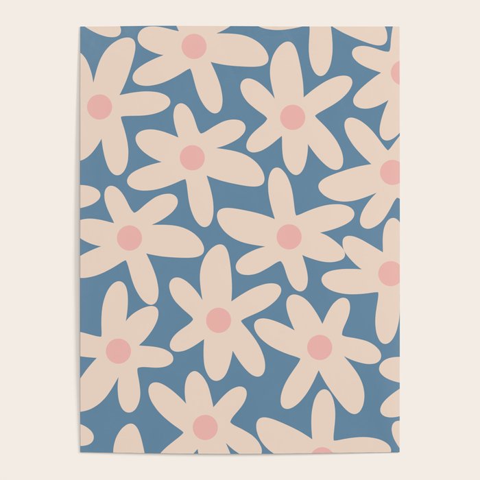 Daisy Time Retro Floral Pattern in Medium Blue and Pale Blush Poster Gallery Image 1