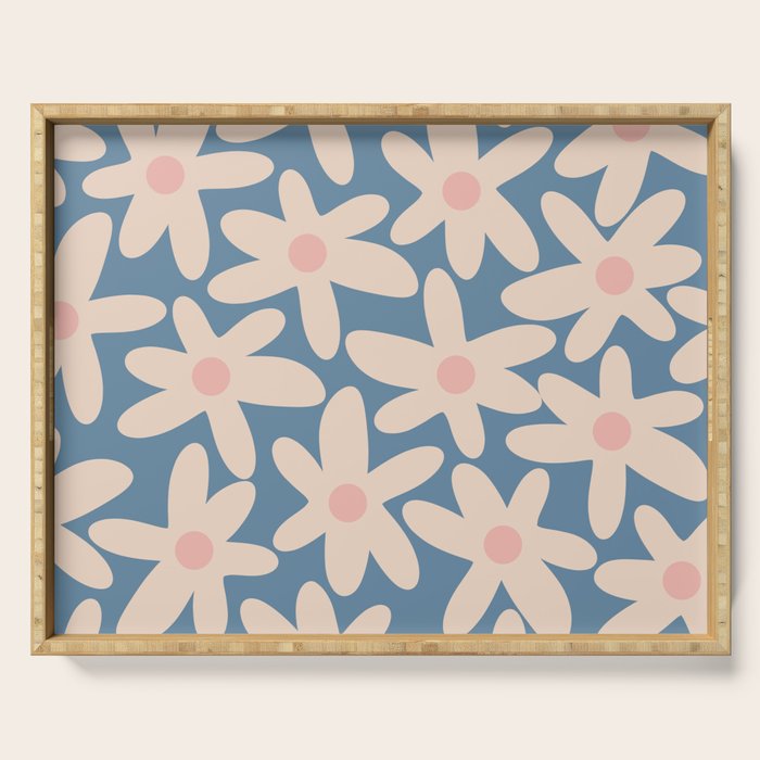 Daisy Time Retro Floral Pattern in Medium Blue and Pale Blush Serving Tray Gallery Image 1