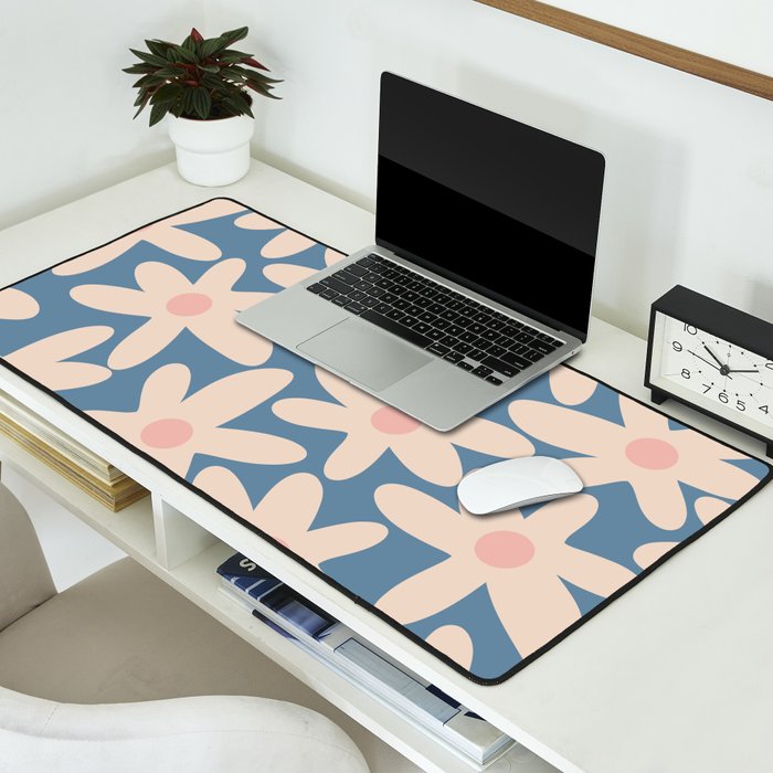 Daisy Time Retro Floral Pattern in Medium Blue and Pale Blush Desk Mat Gallery Image 2