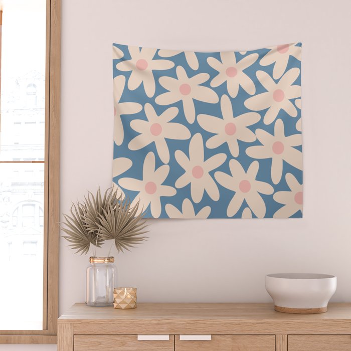 Daisy Time Retro Floral Pattern in Medium Blue and Pale Blush Wall Tapestry Gallery Image 2