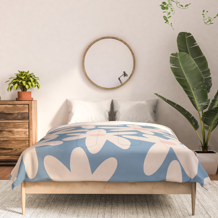 Daisy Time Retro Floral Pattern in Medium Blue and Pale Blush Comforter Gallery Image 3