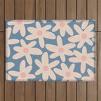 Daisy Time Retro Floral Pattern in Medium Blue and Pale Blush Outdoor Rug Gallery Image 1