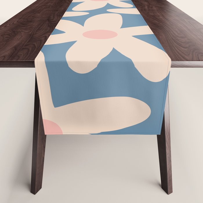 Daisy Time Retro Floral Pattern in Medium Blue and Pale Blush Table Runner Gallery Image 1