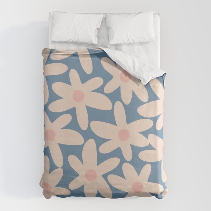 Daisy Time Retro Floral Pattern in Medium Blue and Pale Blush Duvet Cover Gallery Image 1