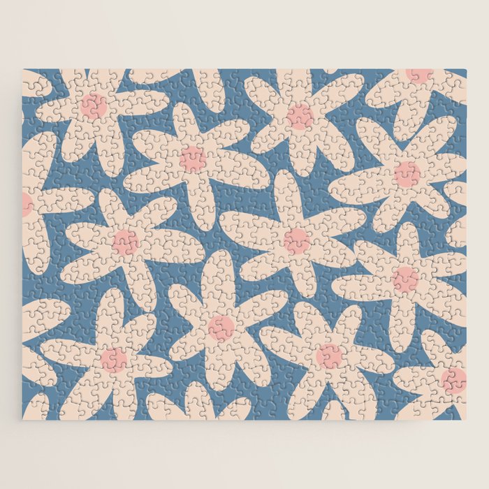 Daisy Time Retro Floral Pattern in Medium Blue and Pale Blush Jigsaw Puzzle Gallery Image 1