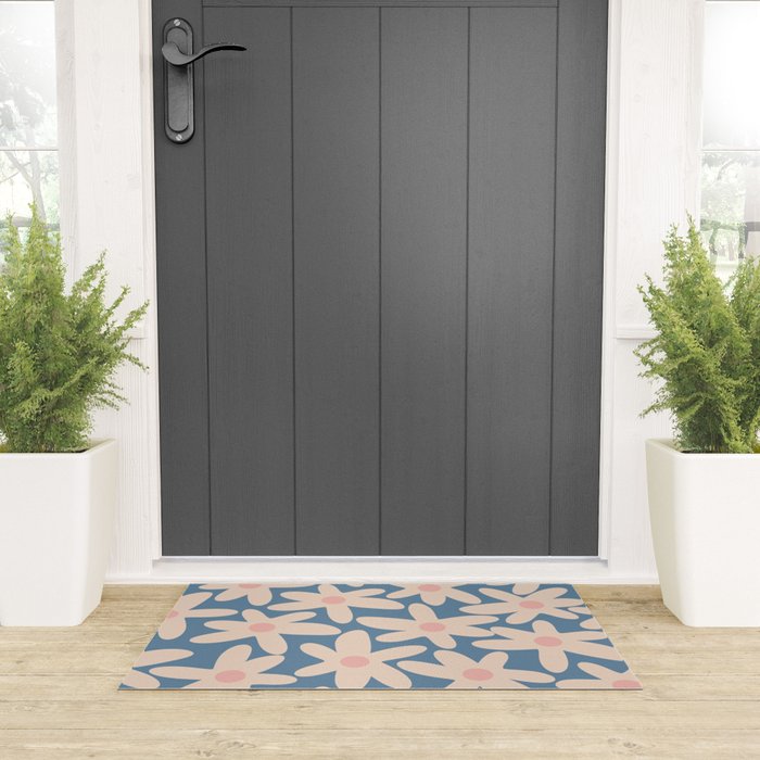 Daisy Time Retro Floral Pattern in Medium Blue and Pale Blush Welcome Mat Gallery Image 3