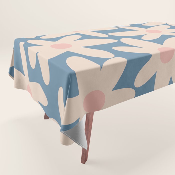 Daisy Time Retro Floral Pattern in Medium Blue and Pale Blush Tablecloth Gallery Image 1