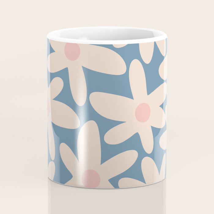 Daisy Time Retro Floral Pattern in Medium Blue and Pale Blush Coffee Mug Gallery Image 4