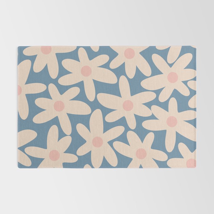 Daisy Time Retro Floral Pattern in Medium Blue and Pale Blush Rug Gallery Image 2