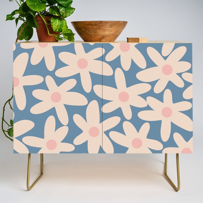 Daisy Time Retro Floral Pattern in Medium Blue and Pale Blush Credenza Gallery Image 1