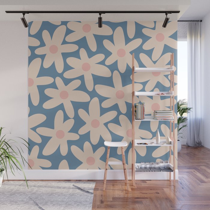 Daisy Time Retro Floral Pattern in Medium Blue and Pale Blush Wall Mural Gallery Image 1