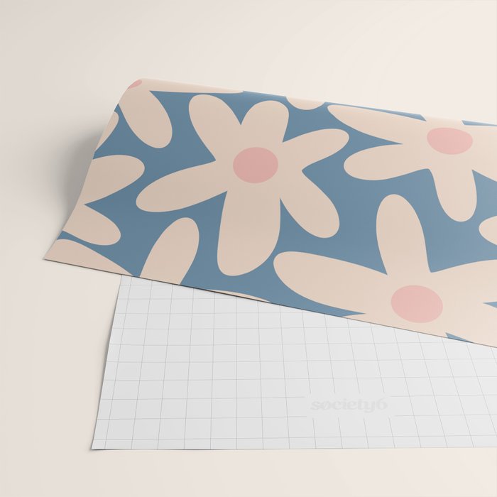 Daisy Time Retro Floral Pattern in Medium Blue and Pale Blush Wrapping Paper Gallery Image 2