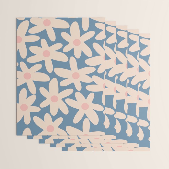 Daisy Time Retro Floral Pattern in Medium Blue and Pale Blush Wrapping Paper Gallery Image 3