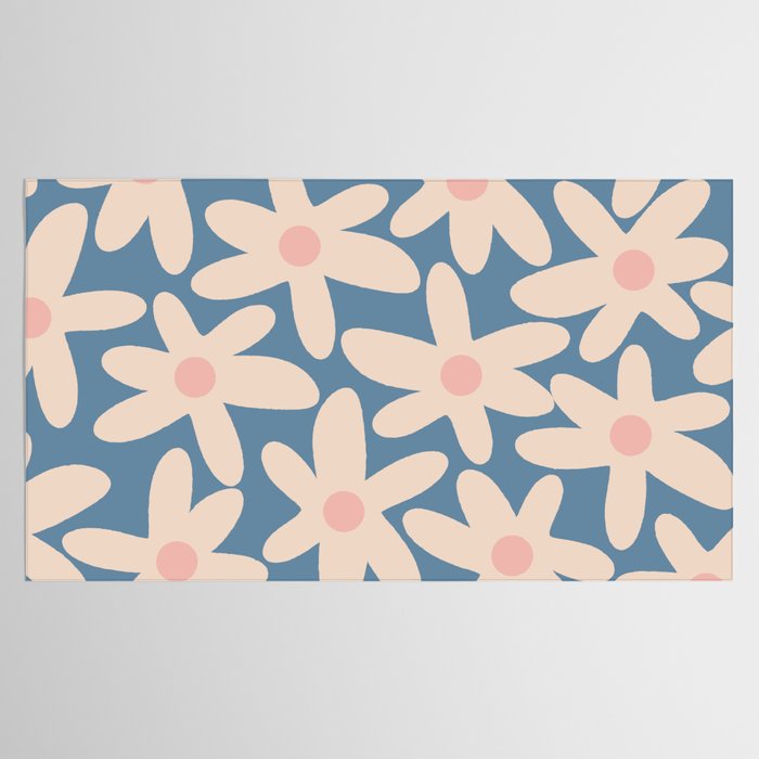 Daisy Time Retro Floral Pattern in Medium Blue and Pale Blush Tablecloth Gallery Image 2