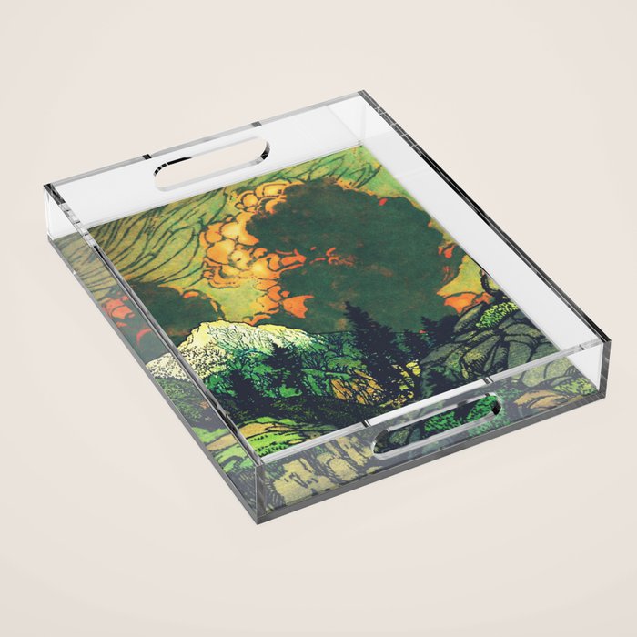 Evening at Baakan - Mountain Trees and Clouds - Nature Landscape in Green & Orange Acrylic Tray Gallery Image 1