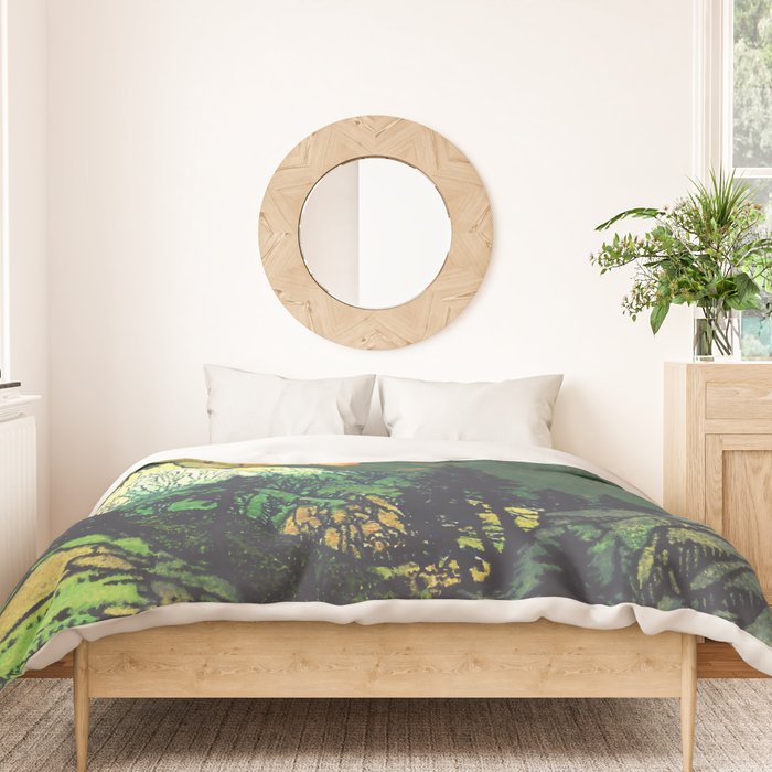 Evening at Baakan - Mountain Trees and Clouds - Nature Landscape in Green & Orange Duvet Cover Gallery Image 3