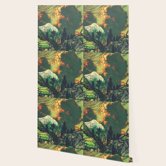 Evening at Baakan - Mountain Trees and Clouds - Nature Landscape in Green & Orange Wallpaper Gallery Image 2