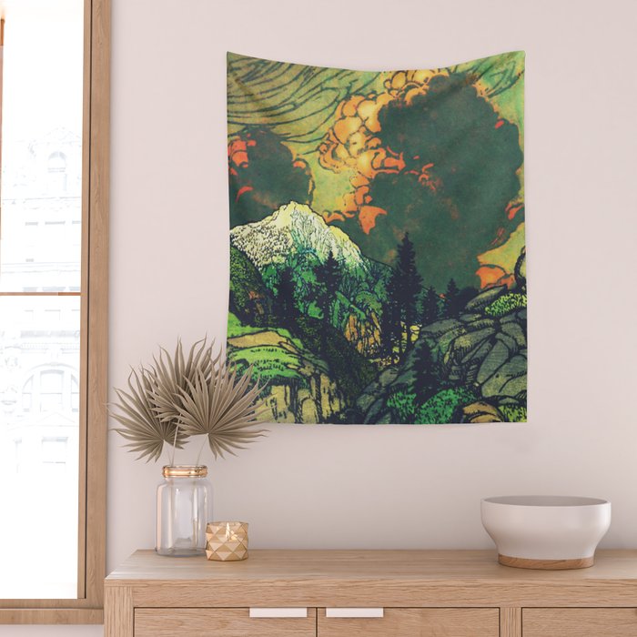Evening at Baakan - Mountain Trees and Clouds - Nature Landscape in Green & Orange Wall Tapestry Gallery Image 2