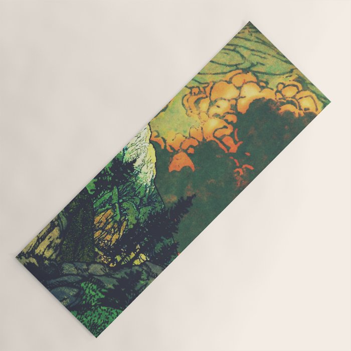 Evening at Baakan - Mountain Trees and Clouds - Nature Landscape in Green & Orange Yoga Mat Gallery Image 1