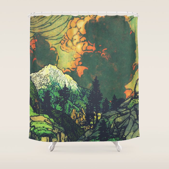 Evening at Baakan - Mountain Trees and Clouds - Nature Landscape in Green & Orange Shower Curtain Gallery Image 1