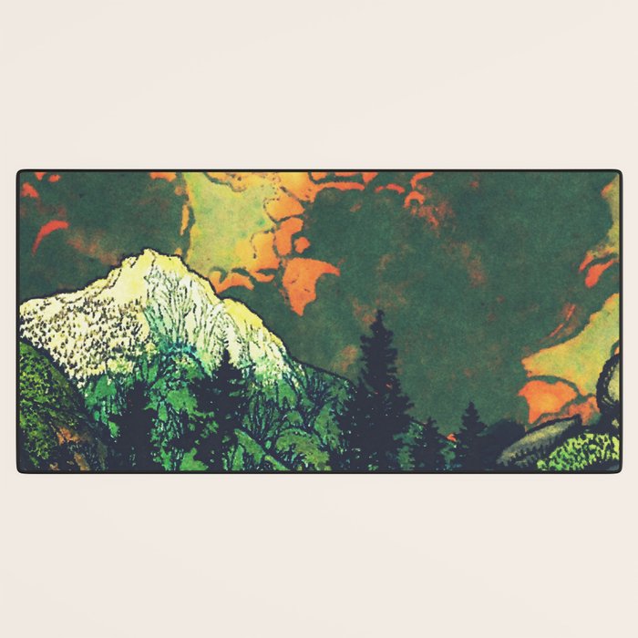 Evening at Baakan - Mountain Trees and Clouds - Nature Landscape in Green & Orange Desk Mat Gallery Image 3