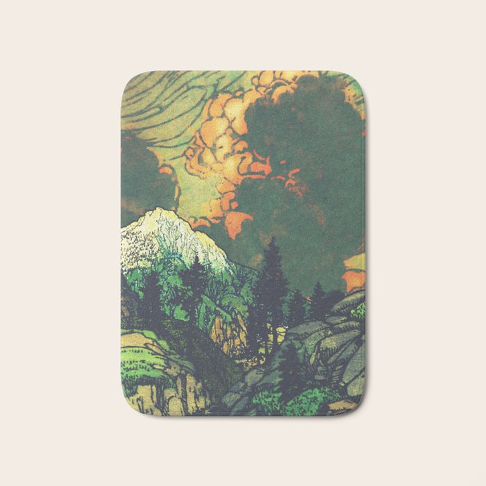 Evening at Baakan - Mountain Trees and Clouds - Nature Landscape in Green & Orange Bath Mat Gallery Image 1