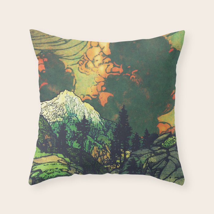 Evening at Baakan - Mountain Trees and Clouds - Nature Landscape in Green & Orange Throw Pillow Gallery Image 6