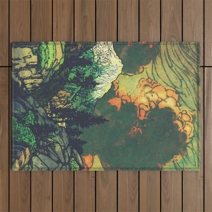 Evening at Baakan - Mountain Trees and Clouds - Nature Landscape in Green & Orange Outdoor Rug Gallery Image 1