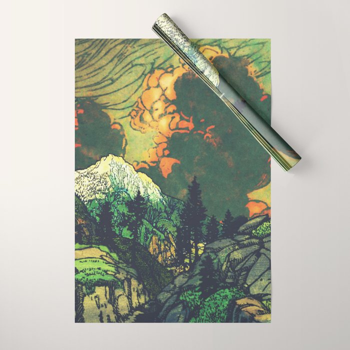 Evening at Baakan - Mountain Trees and Clouds - Nature Landscape in Green & Orange Wrapping Paper Gallery Image 1