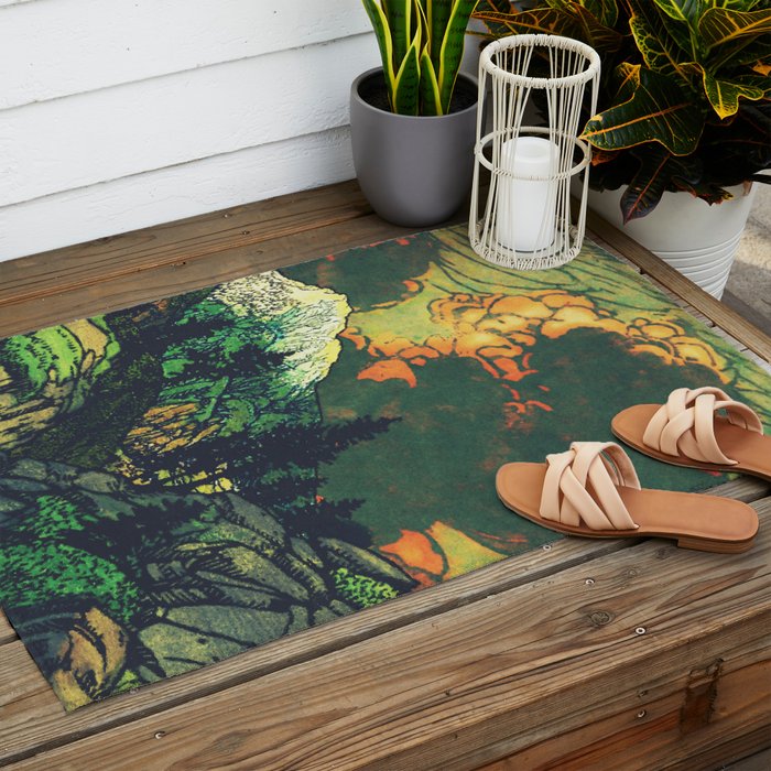 Evening at Baakan - Mountain Trees and Clouds - Nature Landscape in Green & Orange Outdoor Rug Gallery Image 2