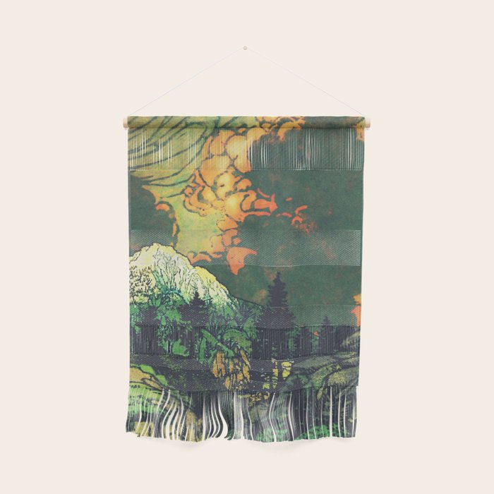 Evening at Baakan - Mountain Trees and Clouds - Nature Landscape in Green & Orange Wall Hanging Gallery Image 1