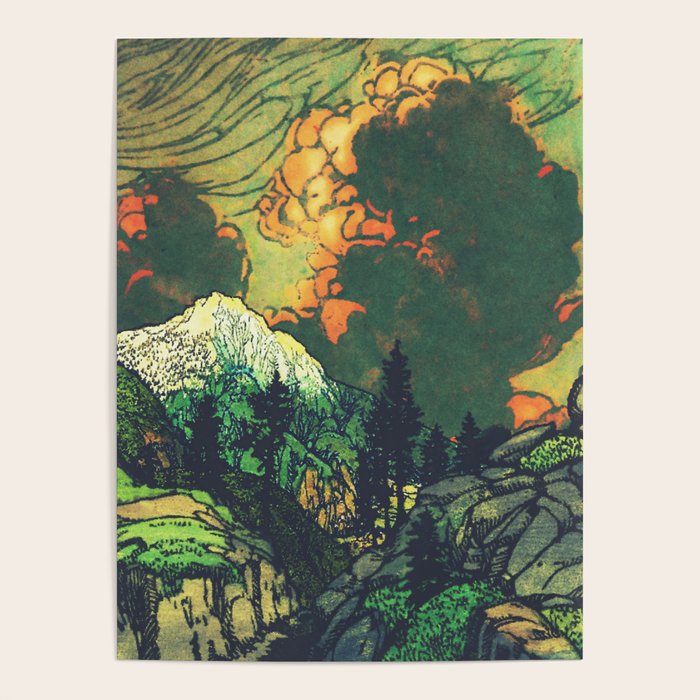 Evening at Baakan - Mountain Trees and Clouds - Nature Landscape in Green & Orange Poster Gallery Image 4