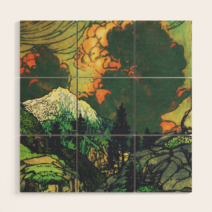 Evening at Baakan - Mountain Trees and Clouds - Nature Landscape in Green & Orange Wood Wall Art Gallery Image 1