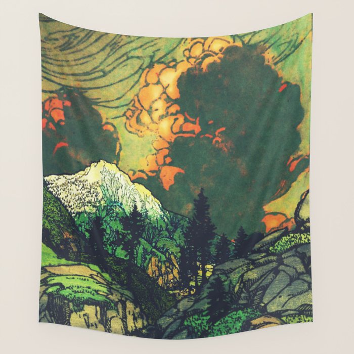 Evening at Baakan - Mountain Trees and Clouds - Nature Landscape in Green & Orange Wall Tapestry Gallery Image 1