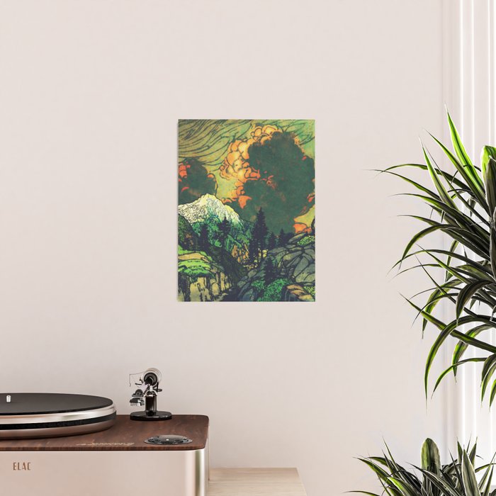 Evening at Baakan - Mountain Trees and Clouds - Nature Landscape in Green & Orange Poster Gallery Image 2