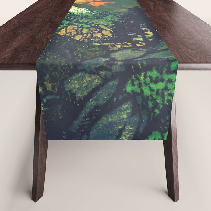 Evening at Baakan - Mountain Trees and Clouds - Nature Landscape in Green & Orange Table Runner Gallery Image 1