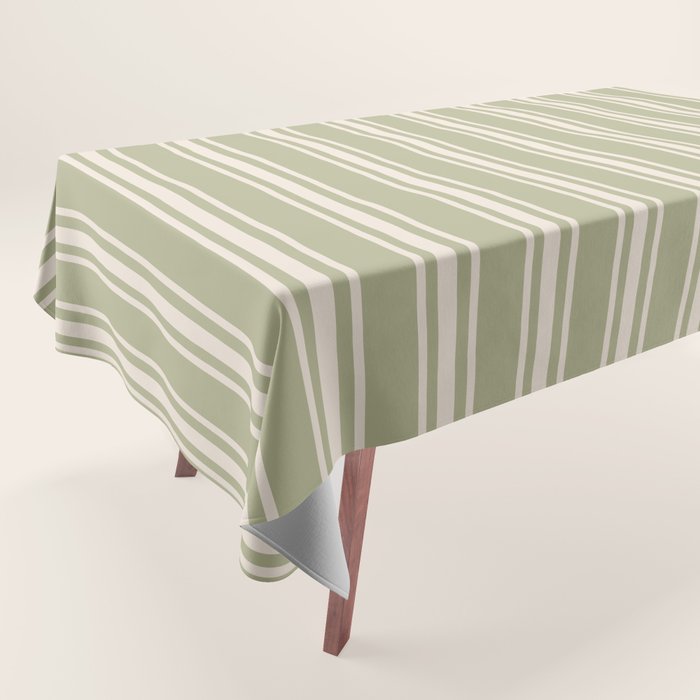 Mediterranean Ticking Stripe Sage Sand  Tablecloth Gallery Image 1