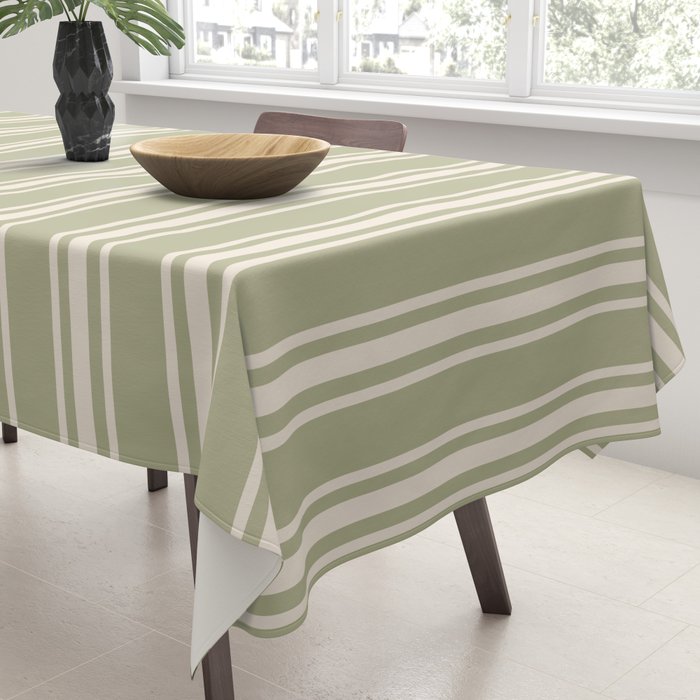 Mediterranean Ticking Stripe Sage Sand  Tablecloth Gallery Image 3
