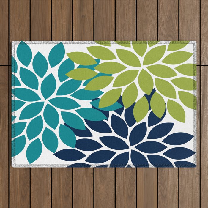 Bold Colorful Teal Green Navy Dahlia Flower Burst Petals Outdoor Rug Gallery Image 1