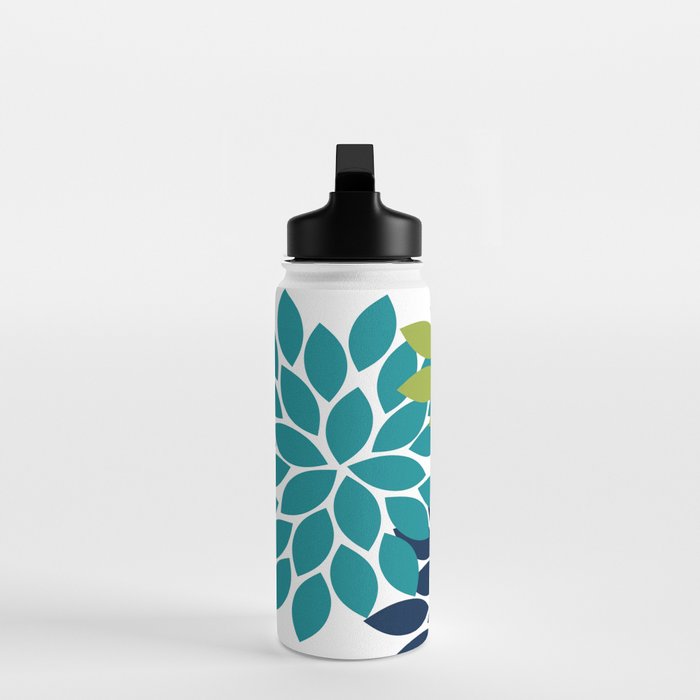 Bold Colorful Teal Green Navy Dahlia Flower Burst Petals Water Bottle Gallery Image 3