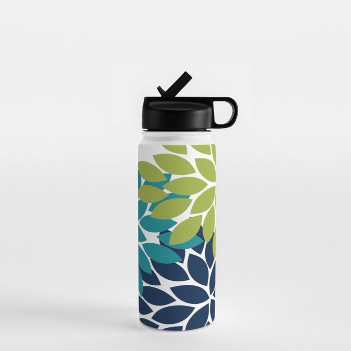 Bold Colorful Teal Green Navy Dahlia Flower Burst Petals Water Bottle Gallery Image 1