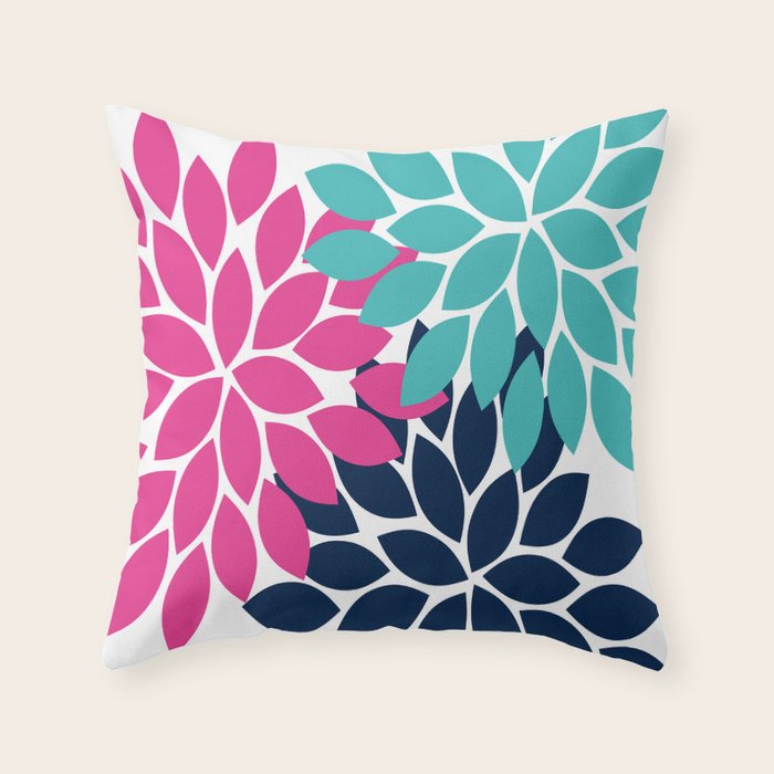 Bold Colorful Hot Pink Turquoise Navy Dahlia Flower Burst Petals Throw Pillow Gallery Image 1